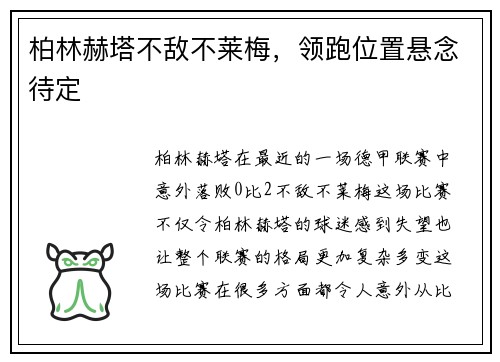 柏林赫塔不敌不莱梅，领跑位置悬念待定