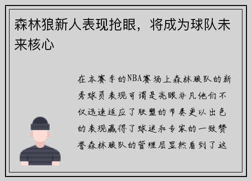 森林狼新人表现抢眼，将成为球队未来核心
